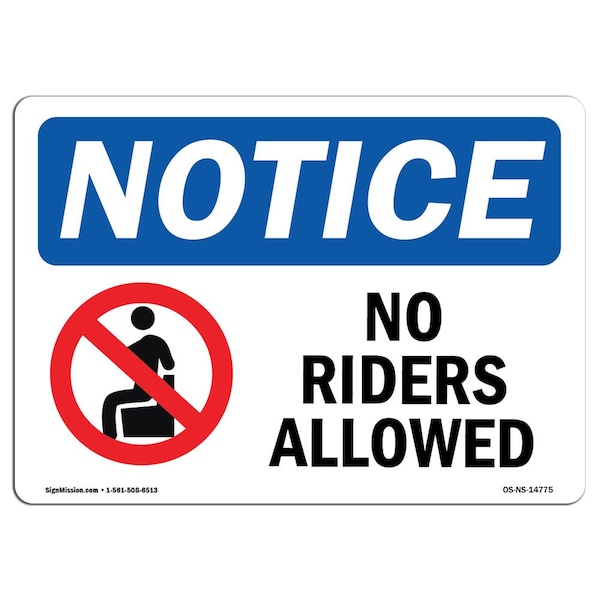 Safety Sign, OSHA Notice, 3.5" Height, No Riders Allowed Sign With Symbol, Landscape, 10PK